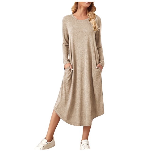 Robe d'Automne à Manches Longues pour Femmes, Coupe Ample Décontractée, Robe T-Shirt avec Poches, Couleur Unie, Col Ras du Cou, Robe Midi Droite