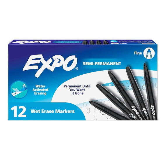 EXPO Vis-a-Vis Wet Erase Markers, Fine Point, Black, 12 Count