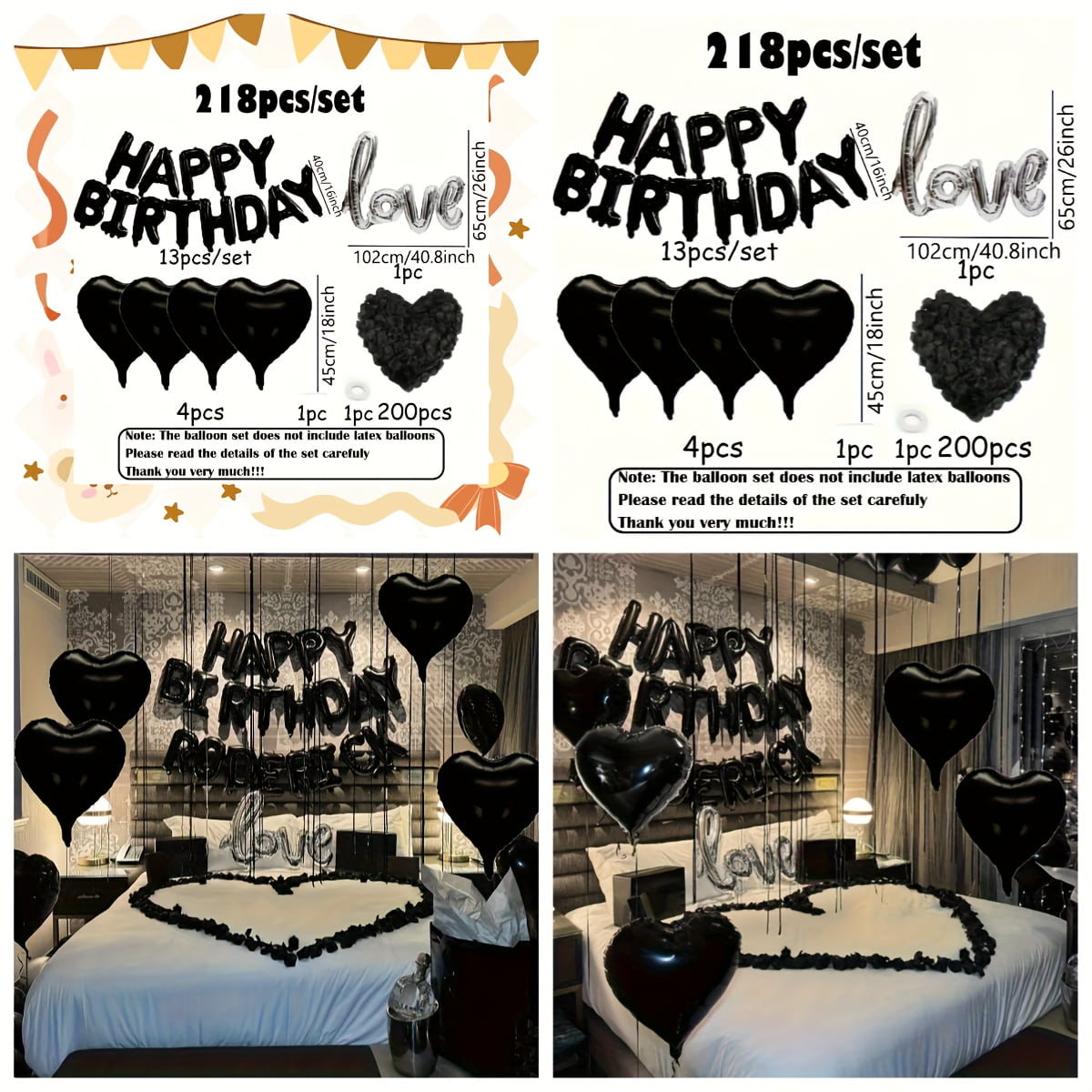 218pcs Black 16.0 Inch Birthday Balloons with Black Heart-Shaped Aluminum and Silvery Love Balloons, Including Black Petals - Perfect for Birthday Parties and Romantic Celebrations