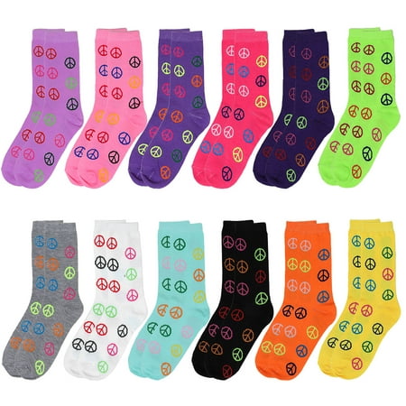 

12 Pairs Women s Crew Socks Fancy Novelty Designed Size 9-11 Multicolor Assorted Peace Sign