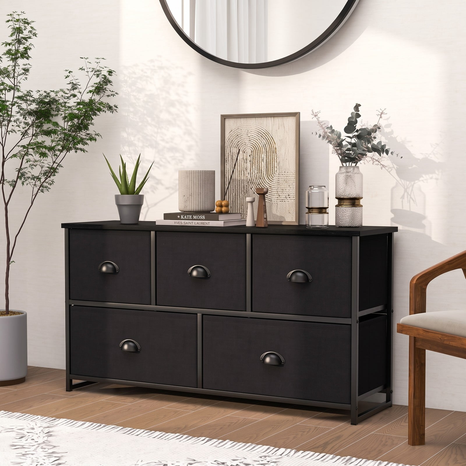 Furnibear 5-Drawer Fabric Storage Tower Dresser with Steel Frame and Foldable Cloth Bins for Bedroom Closet and Nursery, Black