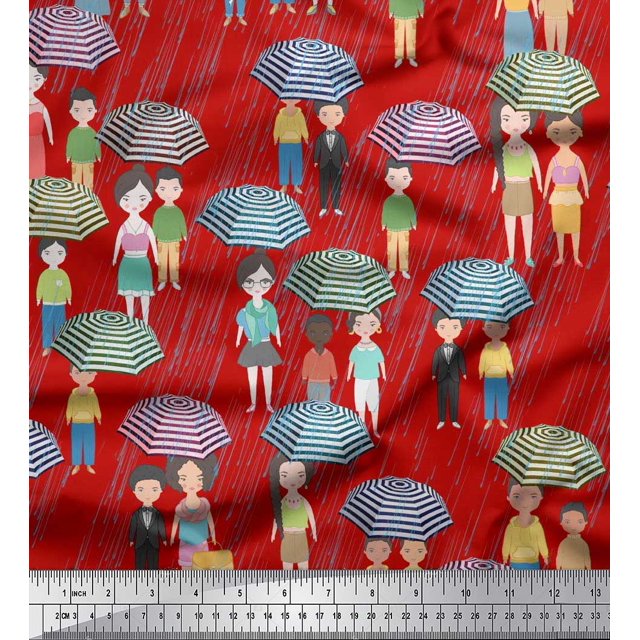 Soimoi Red polyester Crepe Fabric Monsoon Theme Human Figure Print Sewing Fabric Yard 52 Inch Wide