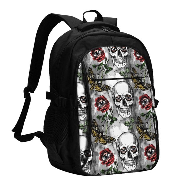 Balery Skulls Roses Mochila con carga USB para hombre y mujer - Mochila impermeable y antirrobo para portátil con puerto USB para viajes, trabajo, estudios y universidad