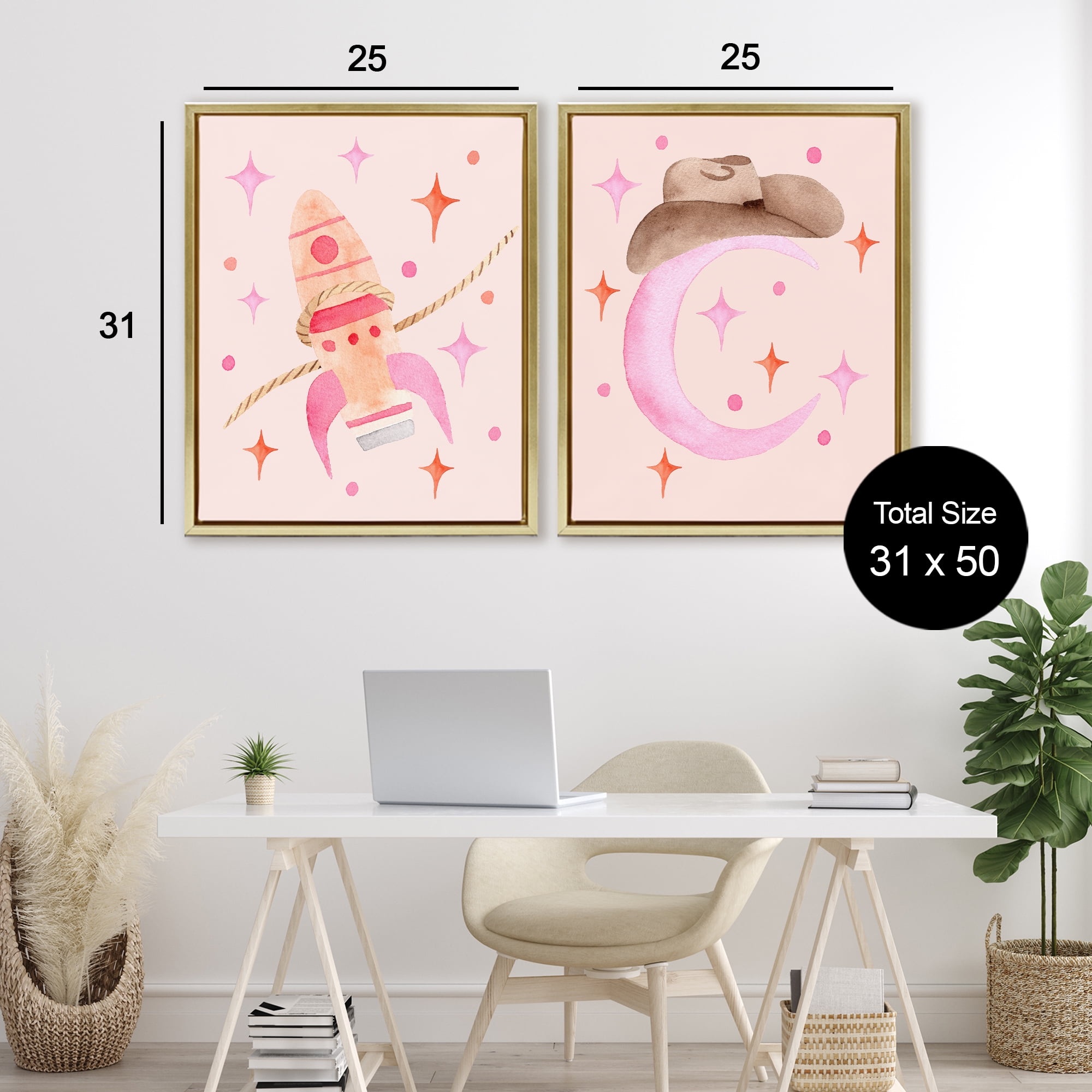 Space Cowgirl Rocket Ship 2 Piece Gold Framed Floater Canvas Set, design by Nina Jacobs