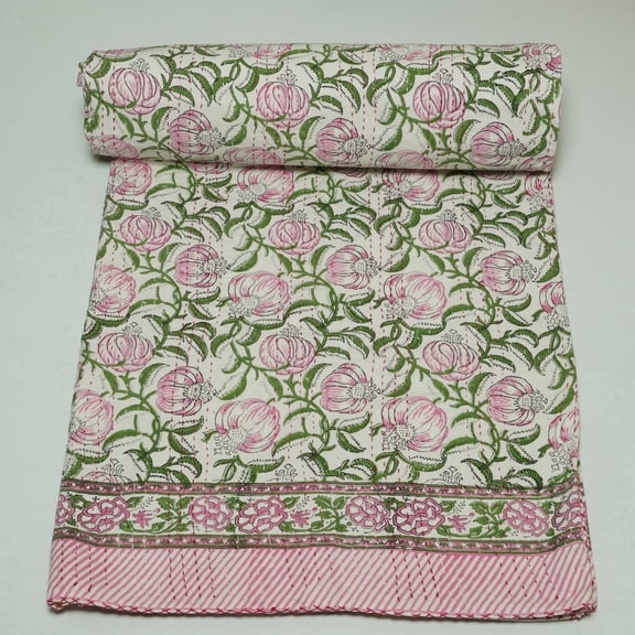 Handmade Pink Floral Indian Kantha Quilt â€“ Cotton Block Print Bed Blanket with Green Leaves, Lightweight Cozy Bedding