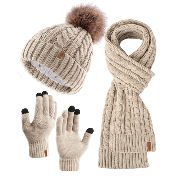 FURTALK Womens Winter Hat Gloves Scarf Set Fleece Knit Pom Beanie Warm Neck Warmer Touchscreen Gloves 3 in 1 Gift Set