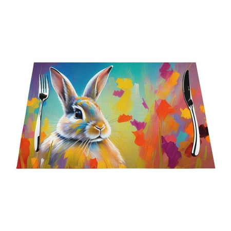 

ZNDUO Placemats 6 PCS Heat Resistant Stain Resistant Woven PVC Insulation Placemats Durable Washable Elegant Table Mats for Dining-Creative Rabbit Colorful 18 x12