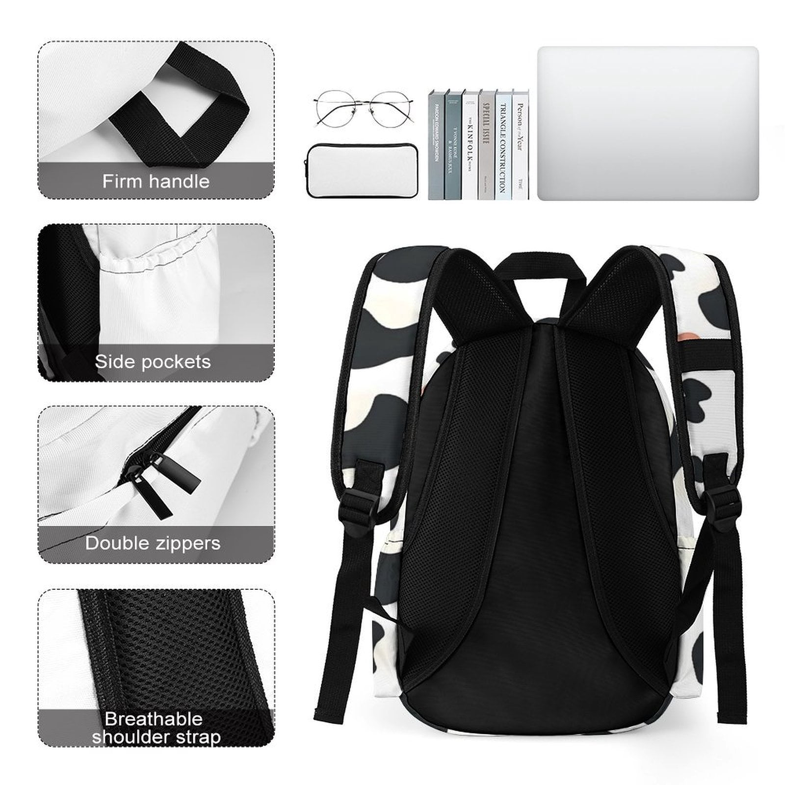 Large Capacity Half Print Backpack 11.8×16.5×5.9in Multifunctional Zipper Design Convenient Switch Simple Cow Print Pattern1_3