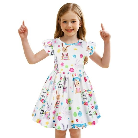 RMGVDSD Toddler Girls Dress Easter Bunny Print Flutter Sleeve A-Line Dresses Kids Short Sleeve Casual Party School Summer Sundress Casual