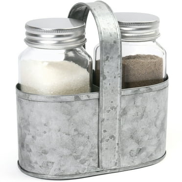 LotFancy Farmhouse Salt and Pepper Shakers Set with Lid, Glass Bottles with Galvanized Caddy Holder