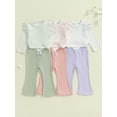 thumbnail image 4 of Aojekbee Toddler Girls Lacy Set Striped Long Sleeve Ruffled Tops Elastic Waist Drawstring Long Flare Pants Outfits, 4 of 10