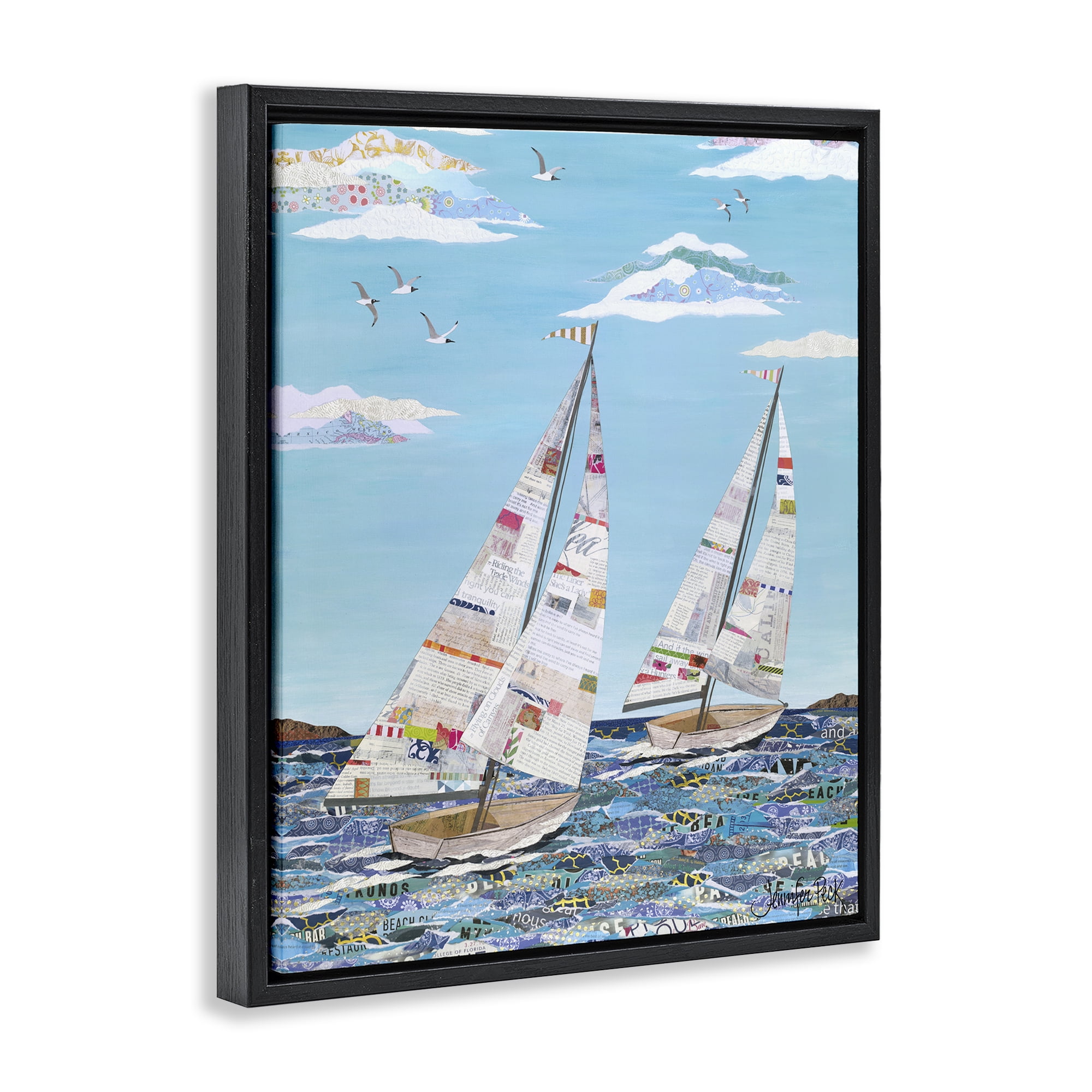 Stupell Industries Collaged Sailboat Pair Transportation Painting Black Floater Framed Canvas Art Print Wall Art, 25 x 31