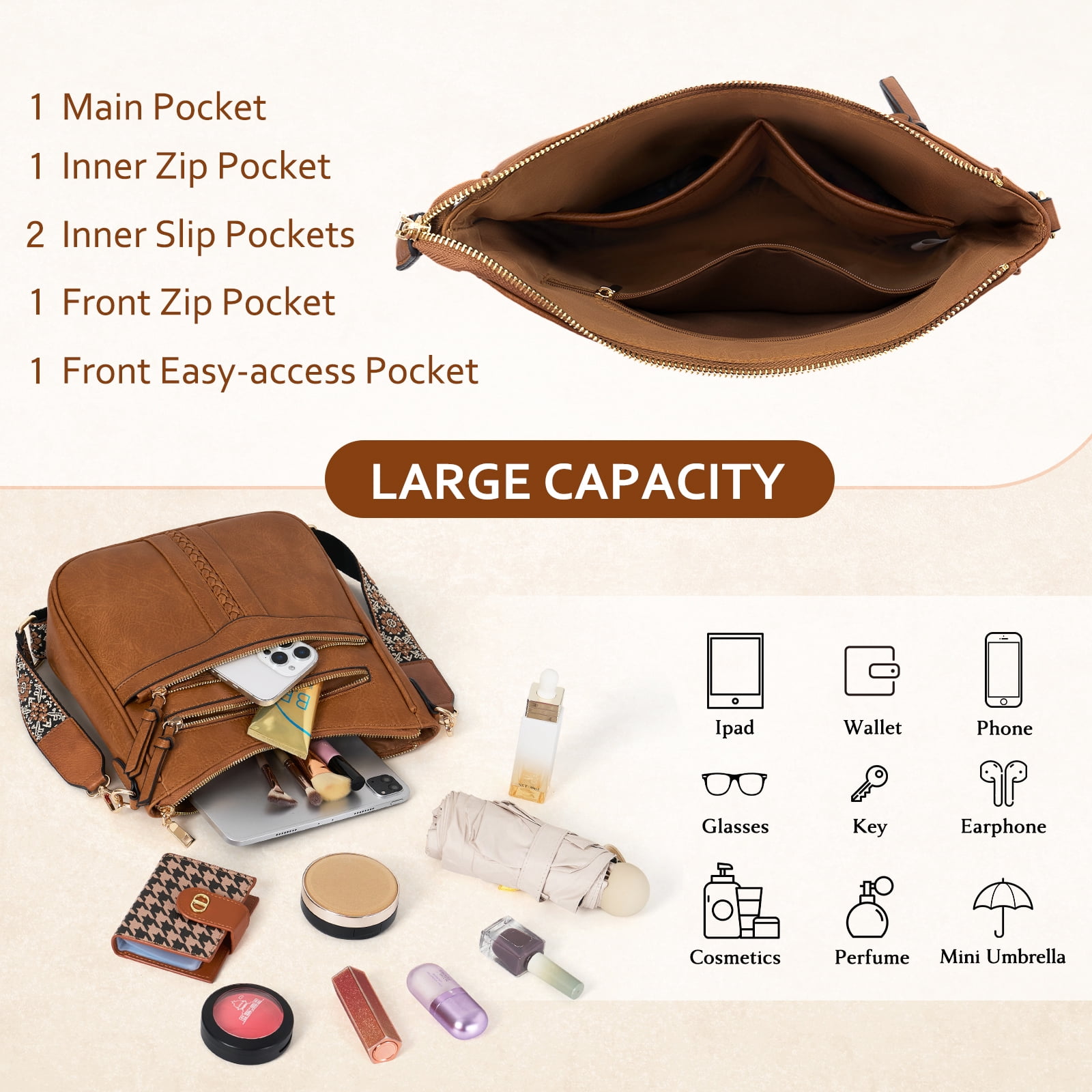 RAINSMORE Crossbody Bags for Women Leather Shoulder Handbags Trendy Crossbody Purses Soft Lightweight Travel Purse,Brown