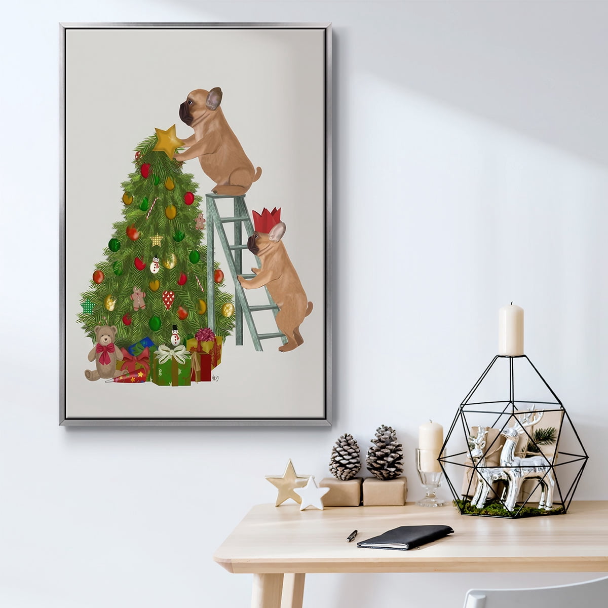 Christmas French Bulldog Tree Ladder - Framed Gallery Wrapped Holiday Canvas - 27 x 41 - Silver Frame