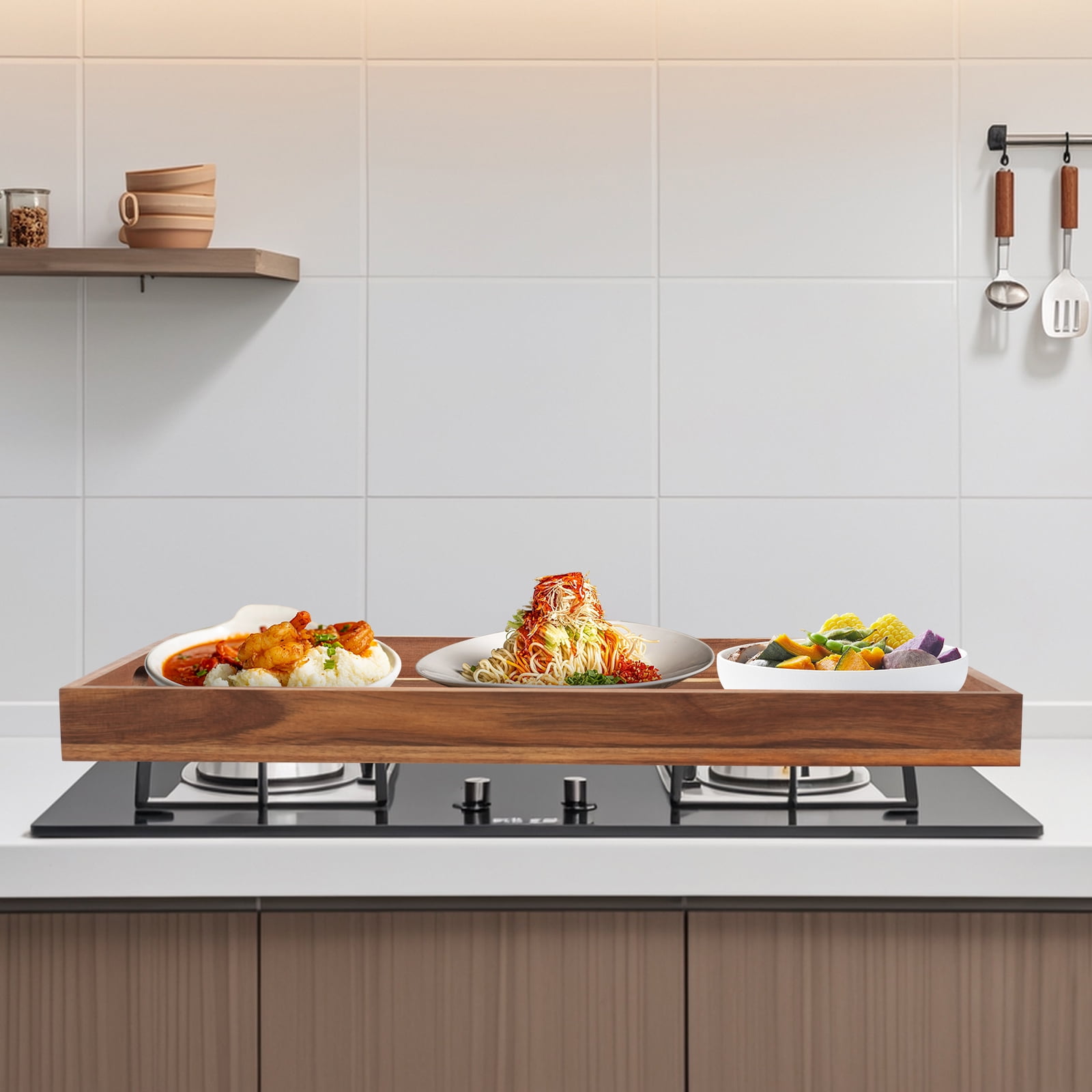 Rectangle Acacia Wood Burnt Wood Stove Cover Kitchen Chopping Cover Sink Cover for Home, Restaurants