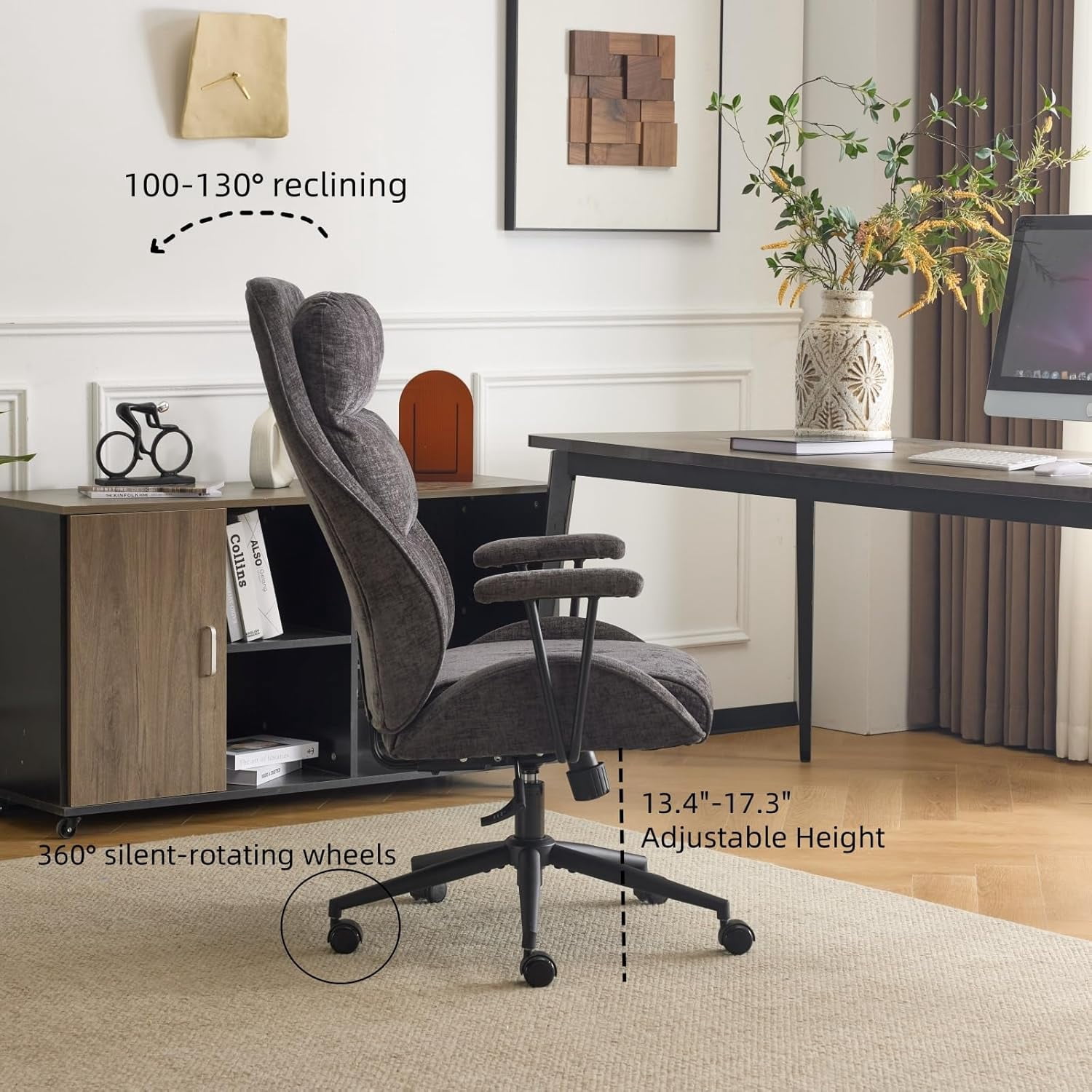 VINGLI Chenille Executive Ergonomic Fabric Office Chair with 100-130° Recline, High-Back Desk Chair with Adjustable Base &Padded Back & Wheels, Comfy Chair for Gaming, Computer, Home Office,Dark Gray