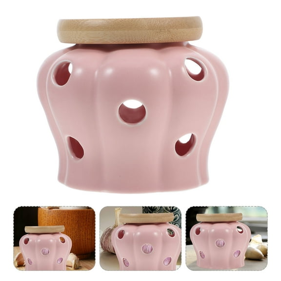 KHBUAB Ceramic Garlic Keeper Pink 1Pcs Round Shape 5.1x5.1x4.3in