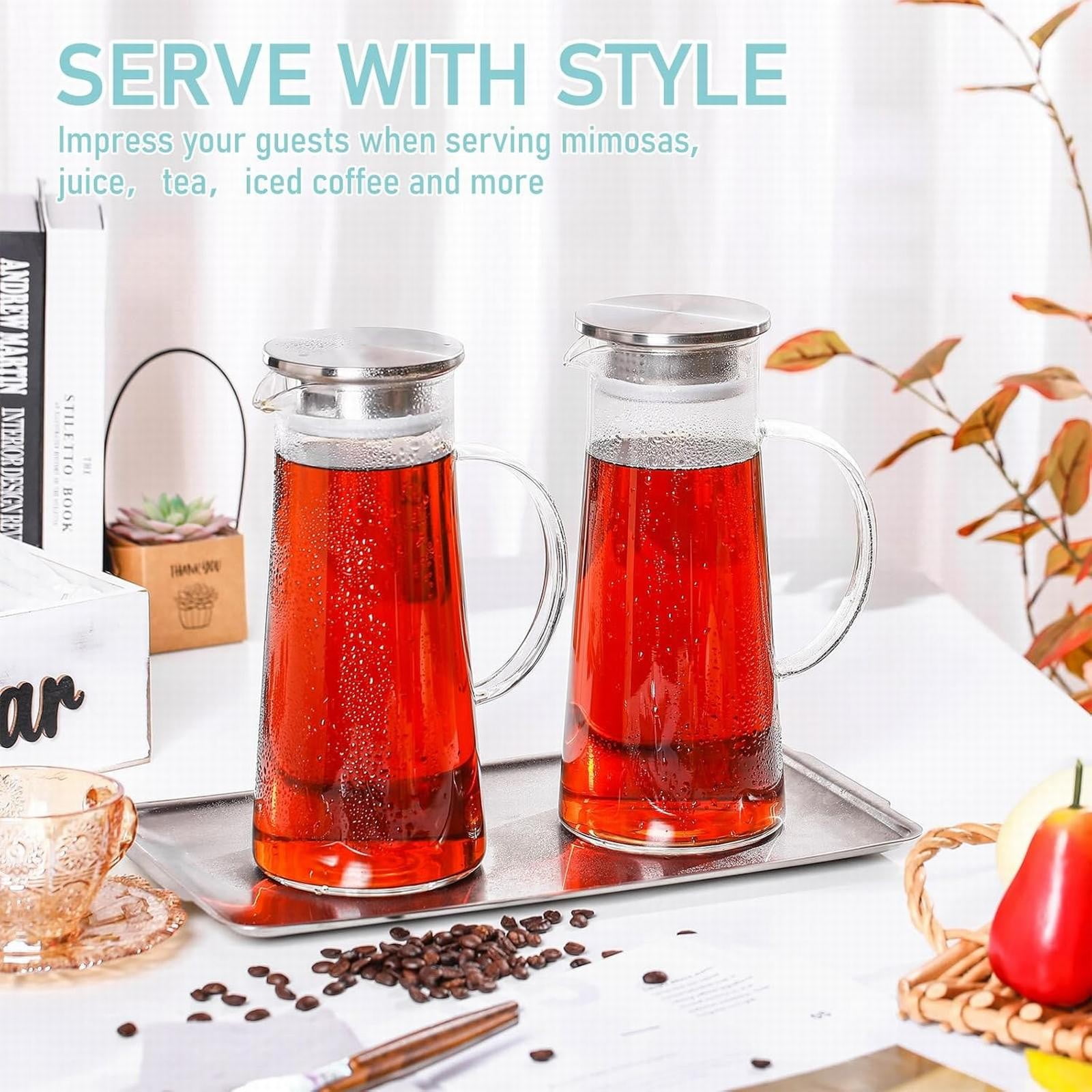 Jierger Clearance 52 oz Glass Pitcher with Lid Glass Carafe with Handle and Spout Iced Tea Glass Pitcher Heat Glass Water Glass Jug Pitcher for Fridge Lemonade Hot Cold Water Iced Tea Juice Coffee