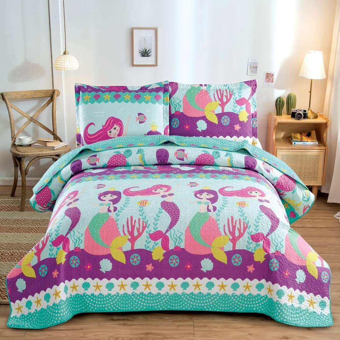 NEW NEXT Multi Colour Rainbow Mermaid Starfish Toddler Duvet Bed Set Bedding £16 