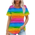 thumbnail image 3 of BiZtdJrK Summer Top for Women Casual Crewneck Short Sleeve Tshirts Fashion Rainbow Print Pleated Tunic Blouse Loose Hem Shirt Multicolor L, 3 of 8