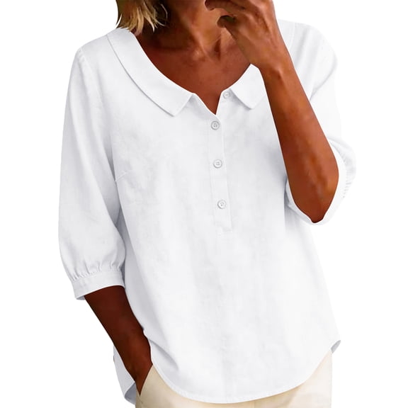 hoksml Women's Cotton Collared Blouse, 3/4 Sleeve Henley Button Tunic Top, Casual Loose Fit Solid Color Shirt