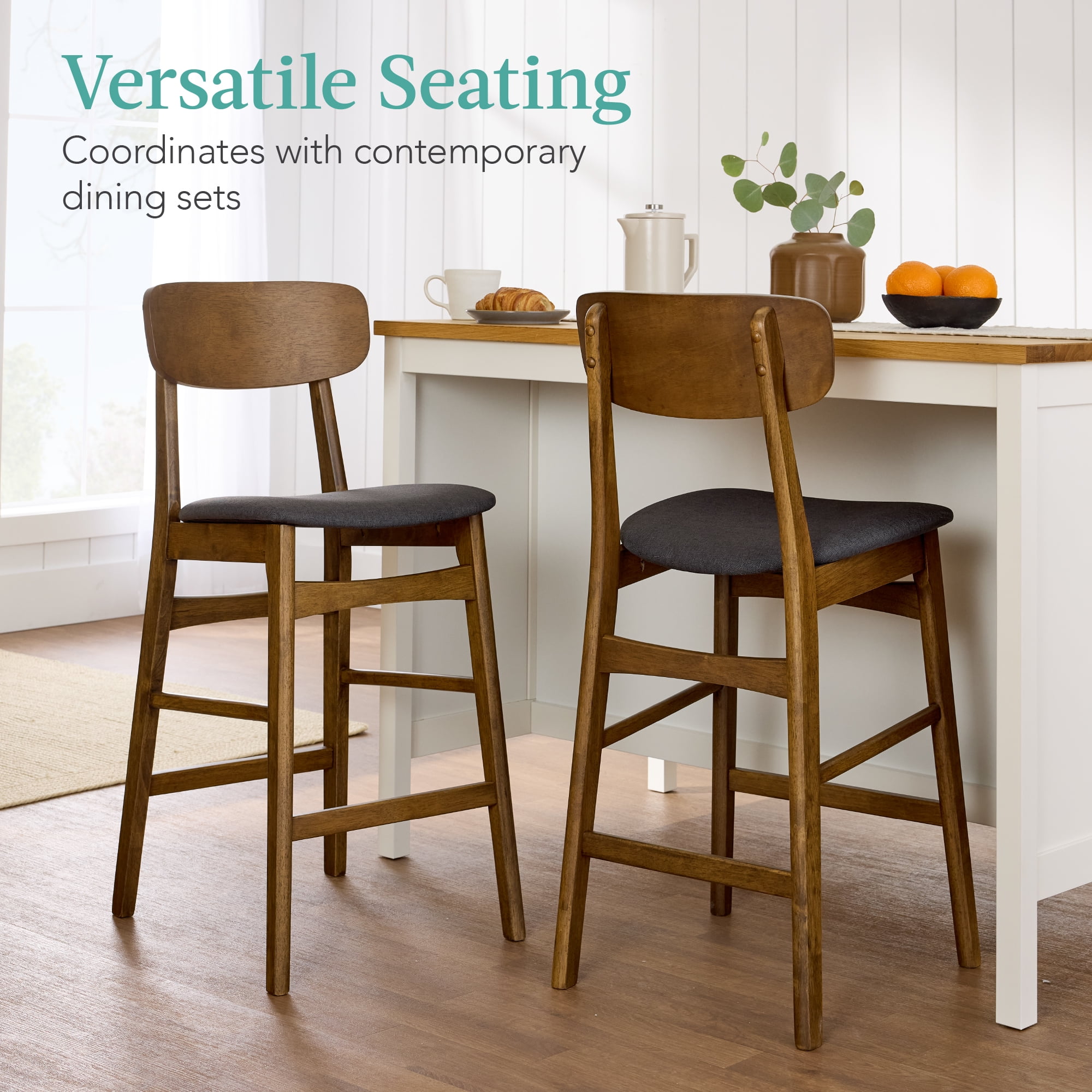 Best Choice Products 2-Piece Farmhouse Counter Height Bar Stool Set w/ Cushioned Seat, Wooden Backrest  Walnut/Charcoal