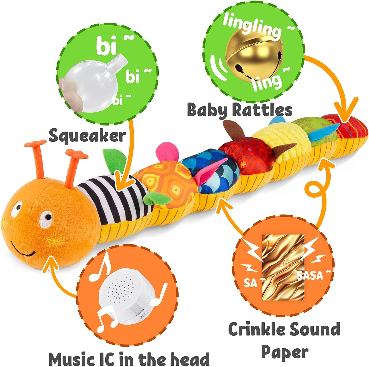 BTEPSGA Baby Toys Musical Caterpillar,Infant Toys Stuffed Animal Toys with Ruler Design and Ring Bell,Baby Teething Toys for Tummy Time Newborn Boys Girls 0 3 6 12 Months