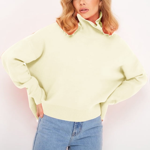 Pull pour Femmes Couleur Unie Pulls pour Femmes Mode Col Haut Pull Tricoté Grand Col Rond Haut Tricoté