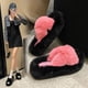 thumbnail image 3 of Pantuflas de felpa cruzadas con fondo grueso para otoño e invierno, para mujer, para uso exterior, de suela plana con colores a juego, cálidas pantuflas de algodón de felpa para el hogar, 3 of 6