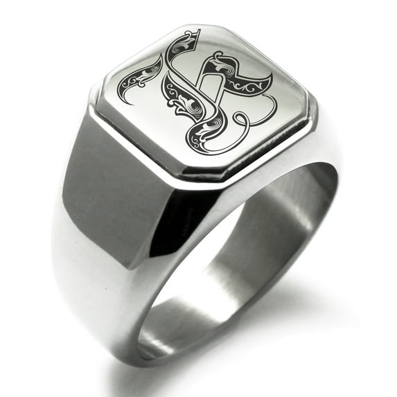 Stainless Steel Letter K Initial Royal Monogram Engraved Engraved Square Flat Top Biker Style Polished Signet Ring