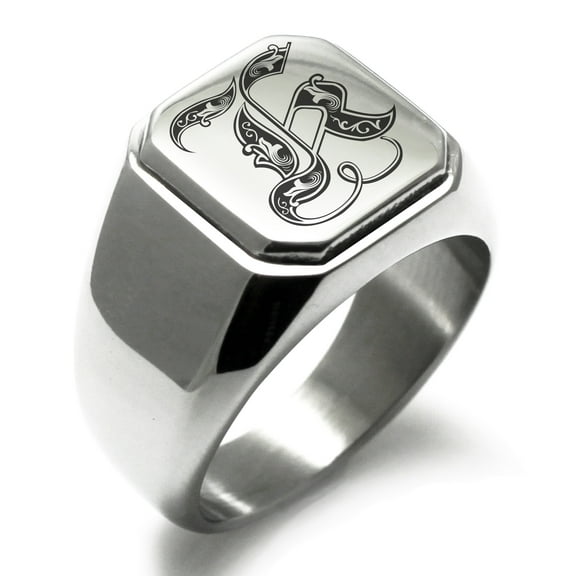 Stainless Steel Letter K Initial Royal Monogram Engraved Engraved Square Flat Top Biker Style Polished Signet Ring