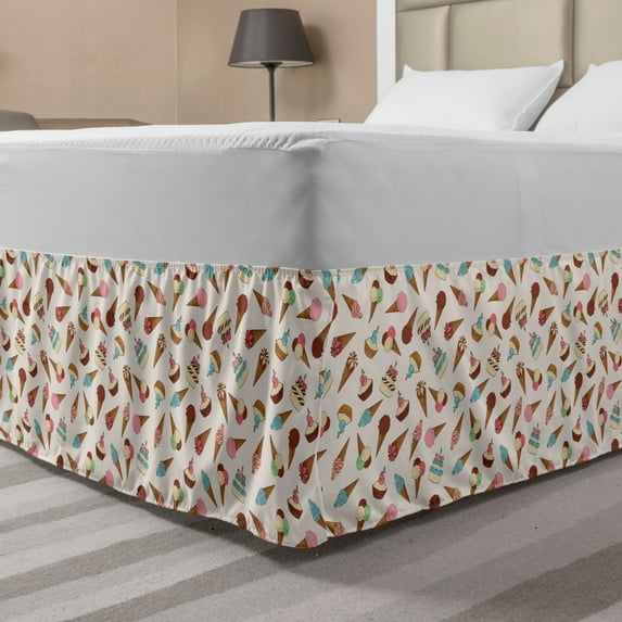 Dessert Bed Skirt, Colorful Ice Cream and Cake Patterns Delicious Foods, Elastic Bedskirt Dust Ruffle Wrap Around for Bedding Decor, 4 Sizes, Champagne Multicolor, by Ambesonne