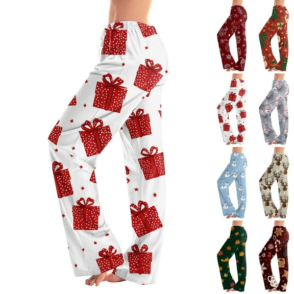 Hearthz Christmas Pj Pants Women Winter Wide Leg Pj Bottoms Printed Fall Drawstring Lounge Pants for Women