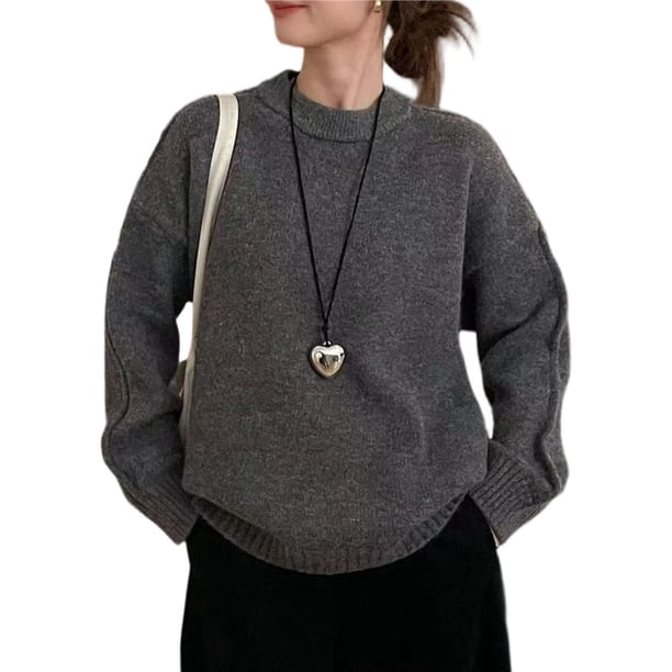Suéteres de Cuello Redondo para Mujer, Larga, Holgados, Informales, para Otoño Gris Oscuro Talla Única