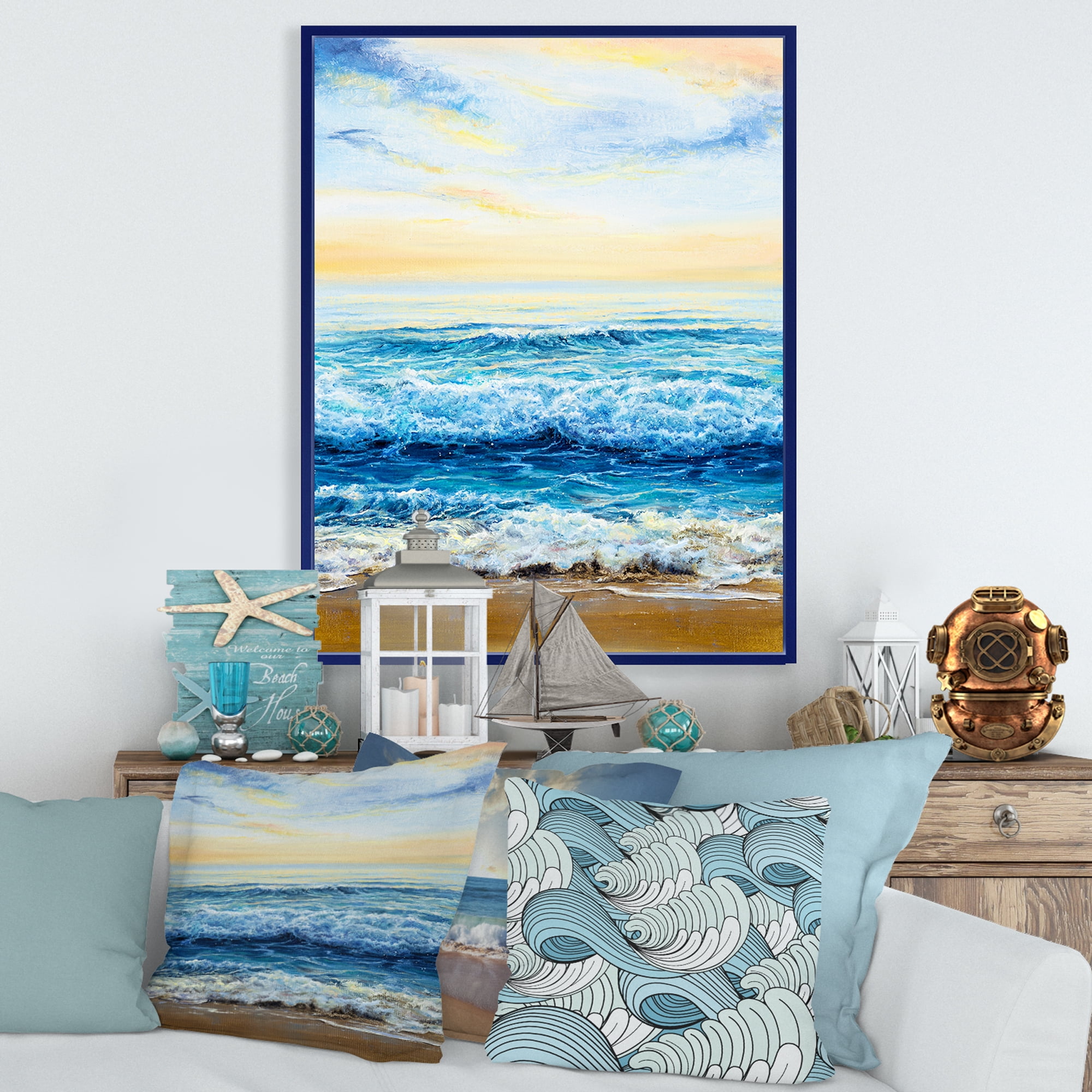 Designart 'Ocean Waves At Sunrise' Nautical & Coastal Framed Canvas Wall Art Print