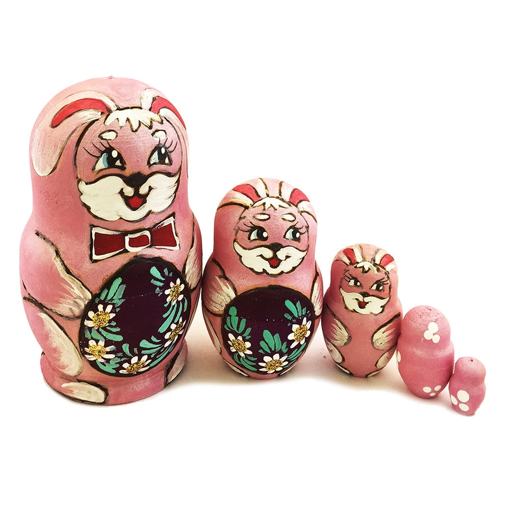 Nesting Doll Pink Hand Painted Easter Bunnies Holding an Egg Nesting