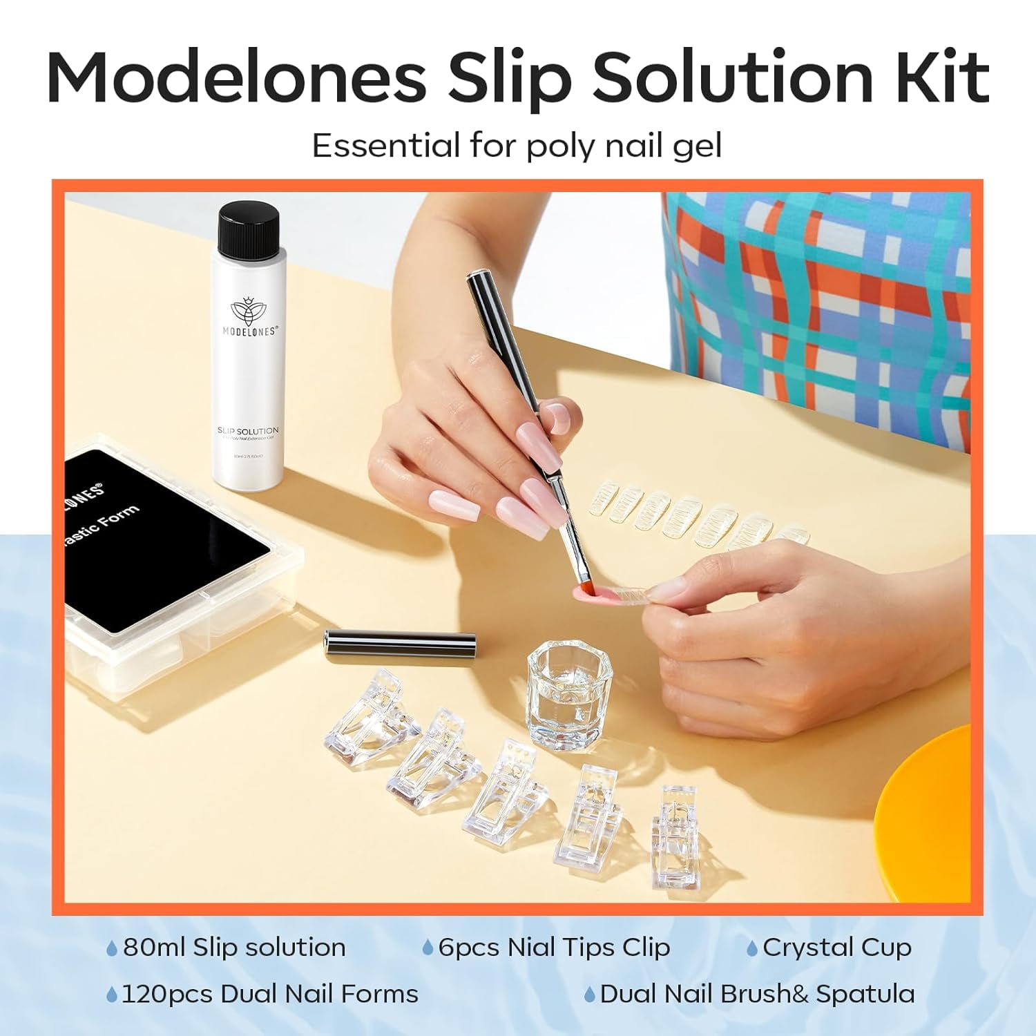 modelones Slip Solution for Poly Gel, 2.8oz Anti-Stick Gel Liquid for Poly Gel Nails with 120Pcs Flat Dual Nail Forms Nail Tips Clips Kit