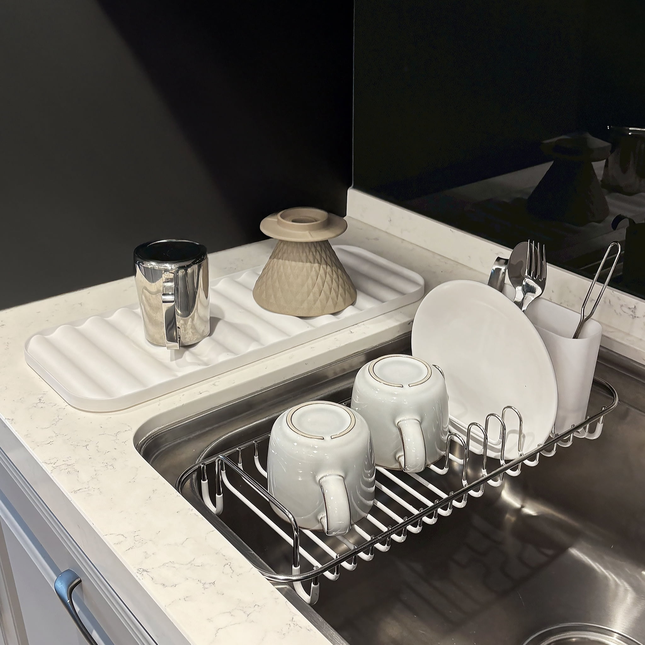 SunnyPoint 304 Stainless Steel Dish Drying Rack with Utensil Holder, Compact Countertop Dish Rack with Removable Drain Tray – White/Silver