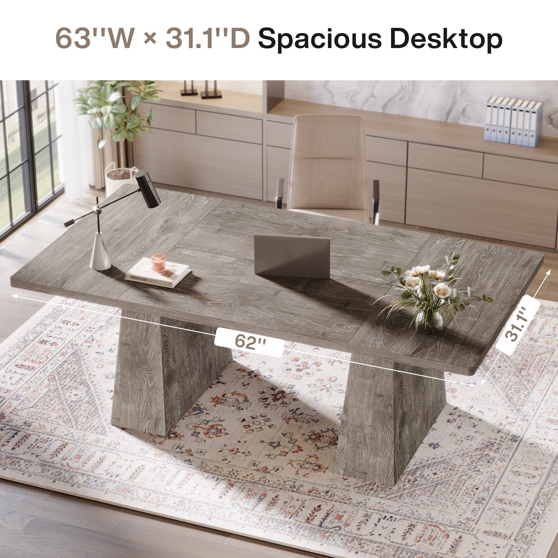 Tribesigns 63" Executive Desk, Modern Office Computer Desk with Double Pedestal, Large Simple Workstations Writing Table Conference Table, Grey