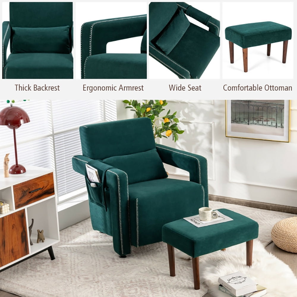 Finihen Accent Single Sofa Chair with Ottoman, Modern Berber Fleece Single Sofa Chair with Ottoman and Waist Pillow, for Living Room, Bedroom, Green Finihen Accent Single Sofa Chair with Ottoman, Modern Berber Fleece Single Sofa Chair with Ottoman and Waist Pillow, for Living Room, Bedroom, Green