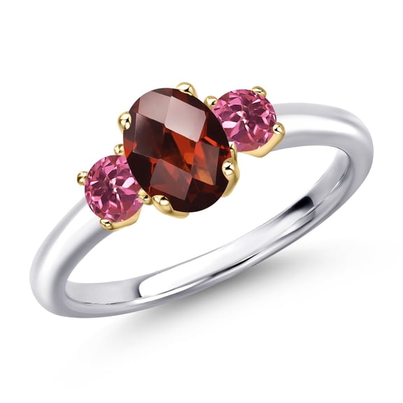 Gem Stone King 925 Silver and 10K Yellow Gold Red Garnet and Pink Tourmaline Engagement Ring for Women | 1.30 Cttw | Oval Checkerboard 7X5MM | Gemstone January Birthstone | Size 9