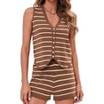 thumbnail image 3 of Womens 2 Piece Outfits Sleeveless V Neck Striped Knit Tops & Shorts, 3 of 7