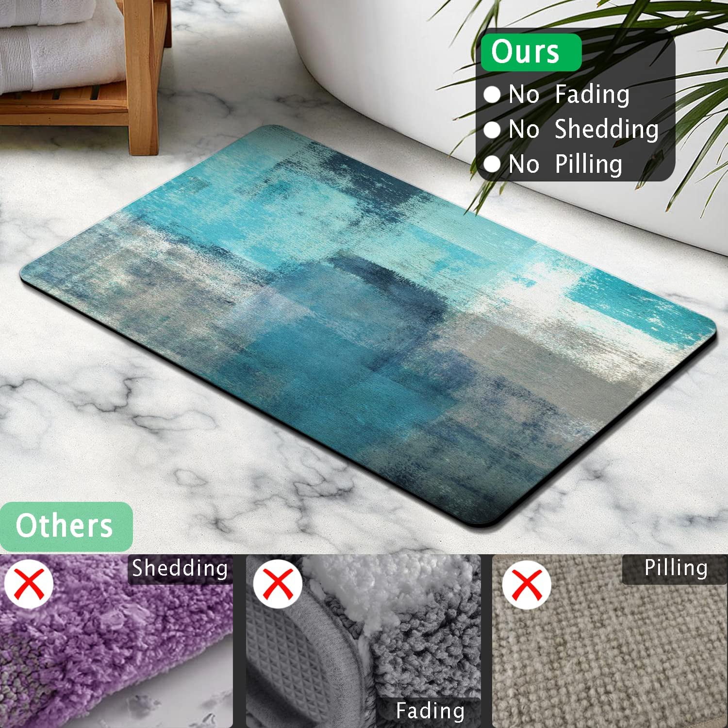 Teal Thin Bathroom Rugs Fit Under Door 20"x32" Quick Dry Super Water Absorbent Bath Mat Rubber Backed Abstract Art Painting Bath Rugs Mats for Bathroom Non Slip Washable