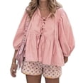 thumbnail image 5 of Spring Tops for Women Strap Front Top Leopard Print Ruffle 3/4 Length Puff Sleeve Hat Womens Shirts Pink XL, 5 of 5