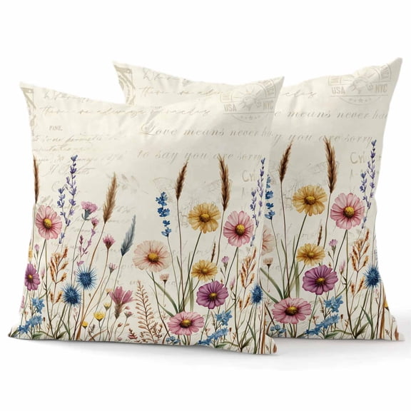 Throw Pillow Covers 18x18 Inch Set of 2 Flower Field Decorative Pillow Covers Vintage Flowers Cushion Cover Pillowcase for Sofa Couch Bed Home Decor