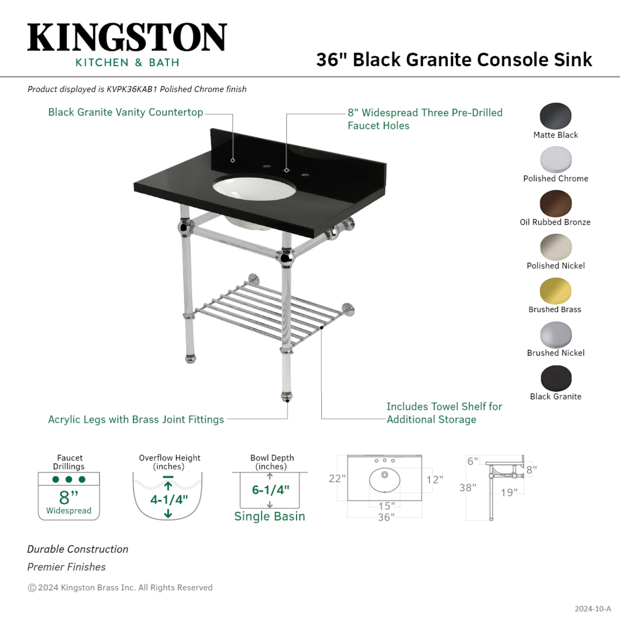 Kingston Brass KVPK36KAB1 Templeton 36" Black Granite Console Sink with Acrylic Legs and Shelf (8-Inch, 3-Hole), Black Granite/Polished Chrome