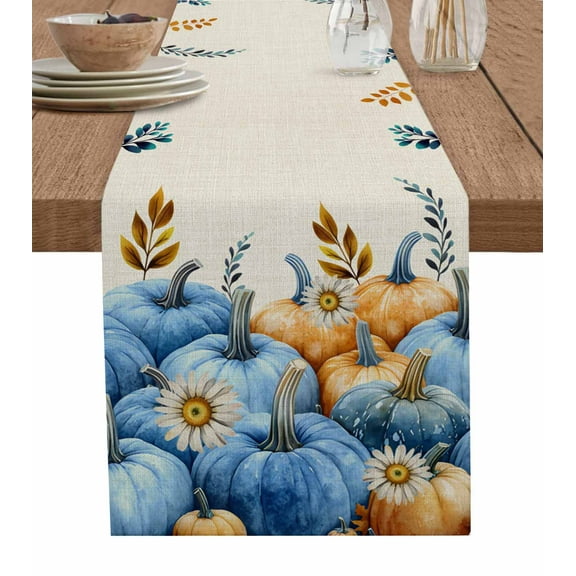 ERUNPONLY Navy Blue Pumpkin Fall Table Runner - 72 Inch Long Thanksgiving Sunflower Leaves Beige Cotton Linen Blended Dress Scarves Farmhouse Table Runner for Kitchen Dining, Coffee Table, 16"x72"