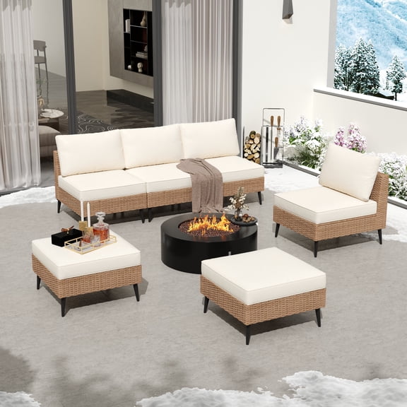 6 Pieces Outdoor Patio Furniture Set, Wicker Sectional Sofa Couch, Rattan Conversation Sets with Cushions for Deck, Backyard, Porch (Khaki)