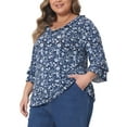 thumbnail image 4 of Agnes Orinda Women's Plus Size Floral Print V Neck Tiered Ruffle Bell Sleeve Blouse 1X Navy Blue, 4 of 6