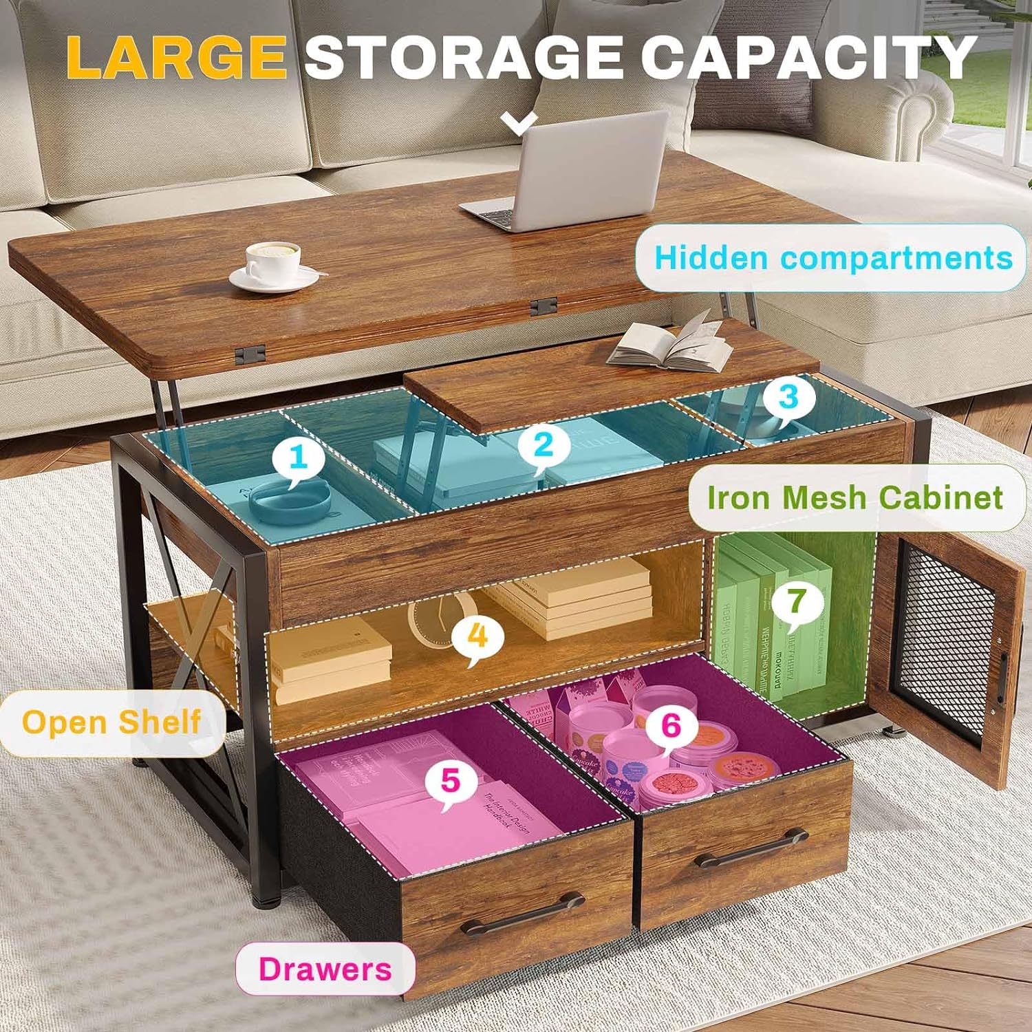40" Lift Top Coffee Table, 4 in 1 Coffee Tables with Storage Cabinet for Living Room, Small Farmhouse Coffee Table with 2 Fabric Drawers & LED Light for Dining Room, Rustic Brown